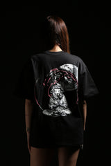 Unisex Black Casual Oversized Fit Printed Half Sleeves Tshirt