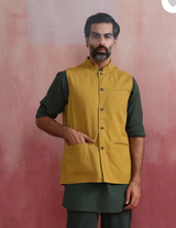 Men's Yellow Festive Solid Regular Fit Sleeveless Reversible Jacket