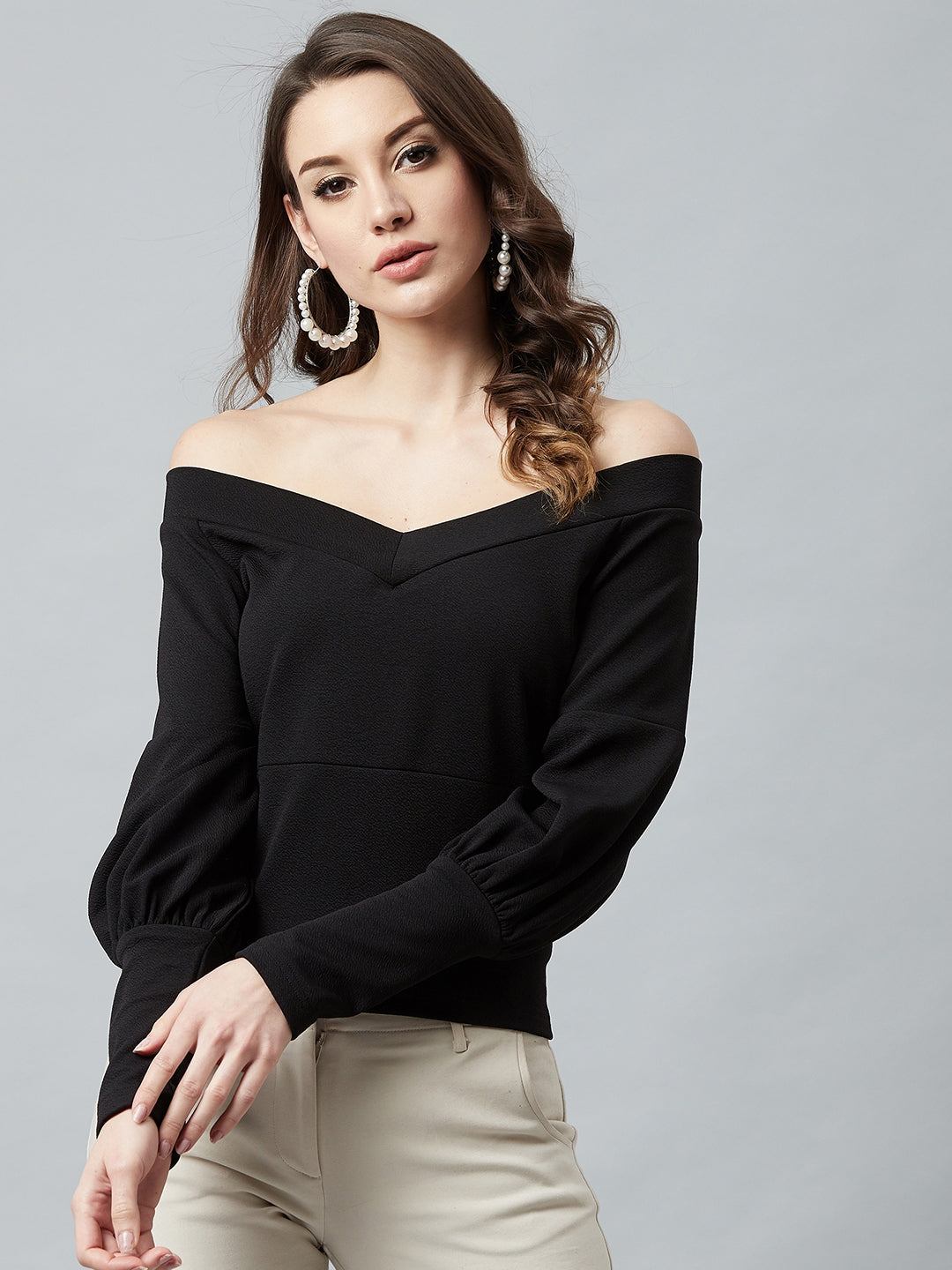 Women's Casual Puff Sleeve Solid Black Top