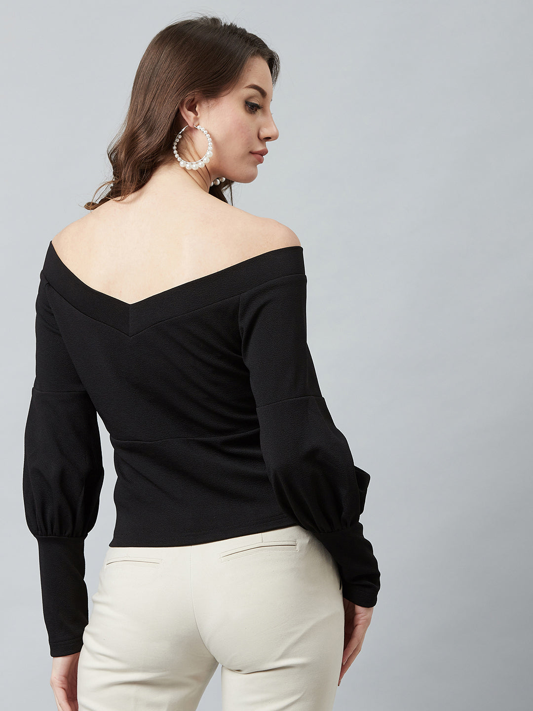 Women's Casual Puff Sleeve Solid Black Top
