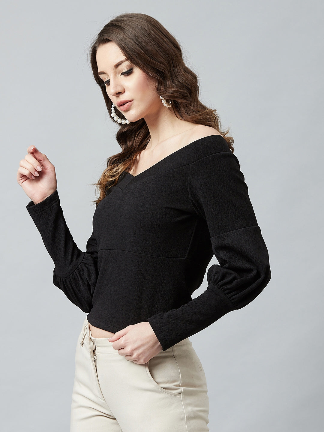 Women's Casual Puff Sleeve Solid Black Top