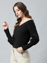 Women's Casual Puff Sleeve Solid Black Top