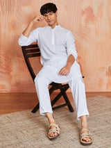 Men's White Cotton Self Design Embroidered Collar Kurta