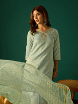 Women's Sea Green Zari Embroidered Kurta Paired with Solid Trouser and Tonal Dupatta