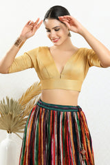 Women's Gold Silk Padded Back Open Elbow Sleeves Saree Blouse