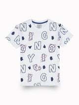Boys White Casual Relaxed Fit Printed Half Sleeves Tshirt