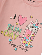 Girls Pink Casual Relaxed Fit Printed Half Sleeves Top