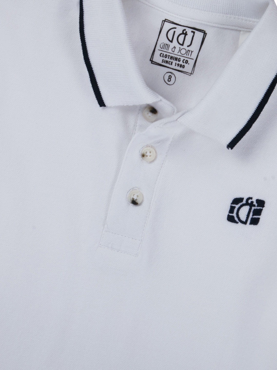 Boys White Casual Relaxed Fit Solid Half Sleeves Polo Tshirt