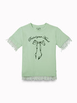 Girls Green Casual Relaxed Fit Printed Half Sleeves Top