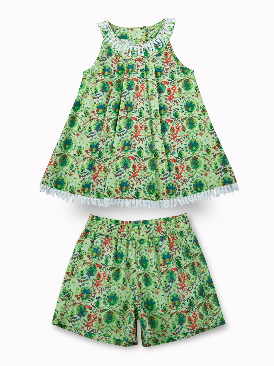 Girls Green Casual Relaxed Fit Printed Sleeveless Co-Ord Set