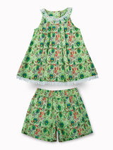 Girls Green Casual Relaxed Fit Printed Sleeveless Co-Ord Set
