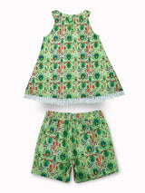Girls Green Casual Relaxed Fit Printed Sleeveless Co-Ord Set