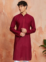 Men's Maroon Cotton Self Design Embroidered Collar Kurta