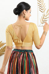Women's Gold Silk Padded Back Open Elbow Sleeves Saree Blouse