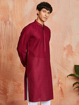 Men's Maroon Cotton Self Design Embroidered Collar Kurta