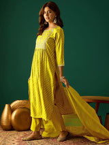 Women's Mustard Bandhani Printed Anarkali with Zari-Embroidered with Trouser and Dupatta