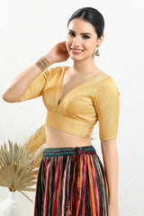 Women's Gold Silk Padded Back Open Elbow Sleeves Saree Blouse