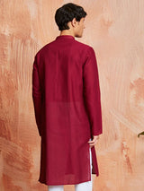 Men's Maroon Cotton Self Design Embroidered Collar Kurta