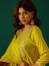 Women's Mustard Bandhani Printed Anarkali with Zari-Embroidered with Trouser and Dupatta