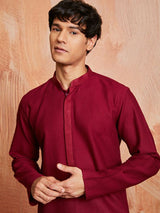 Men's Maroon Cotton Self Design Embroidered Collar Kurta