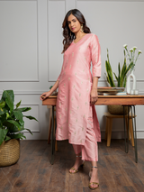 Women's Pink Casual Regular Fit Embroidered Kurta Set