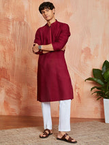 Men's Maroon Cotton Self Design Embroidered Collar Kurta