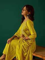 Women's Mustard Bandhani Printed Anarkali with Zari-Embroidered with Trouser and Dupatta
