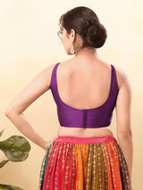 Women's Purple Brocade Padded Back Open Sleeveless Saree Blouse