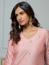 Women's Pink Casual Regular Fit Embroidered Kurta Set