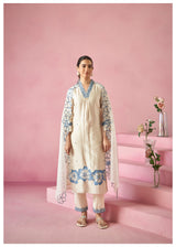 Women's Beige Fusion Regular Fit Embroidered Three Quarter Sleeves Kurtas Sets