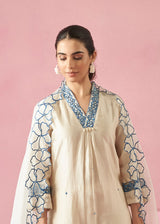 Women's Beige Fusion Regular Fit Embroidered Three Quarter Sleeves Kurtas Sets