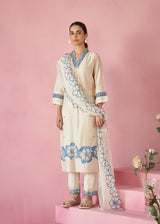 Women's Beige Fusion Regular Fit Embroidered Three Quarter Sleeves Kurtas Sets