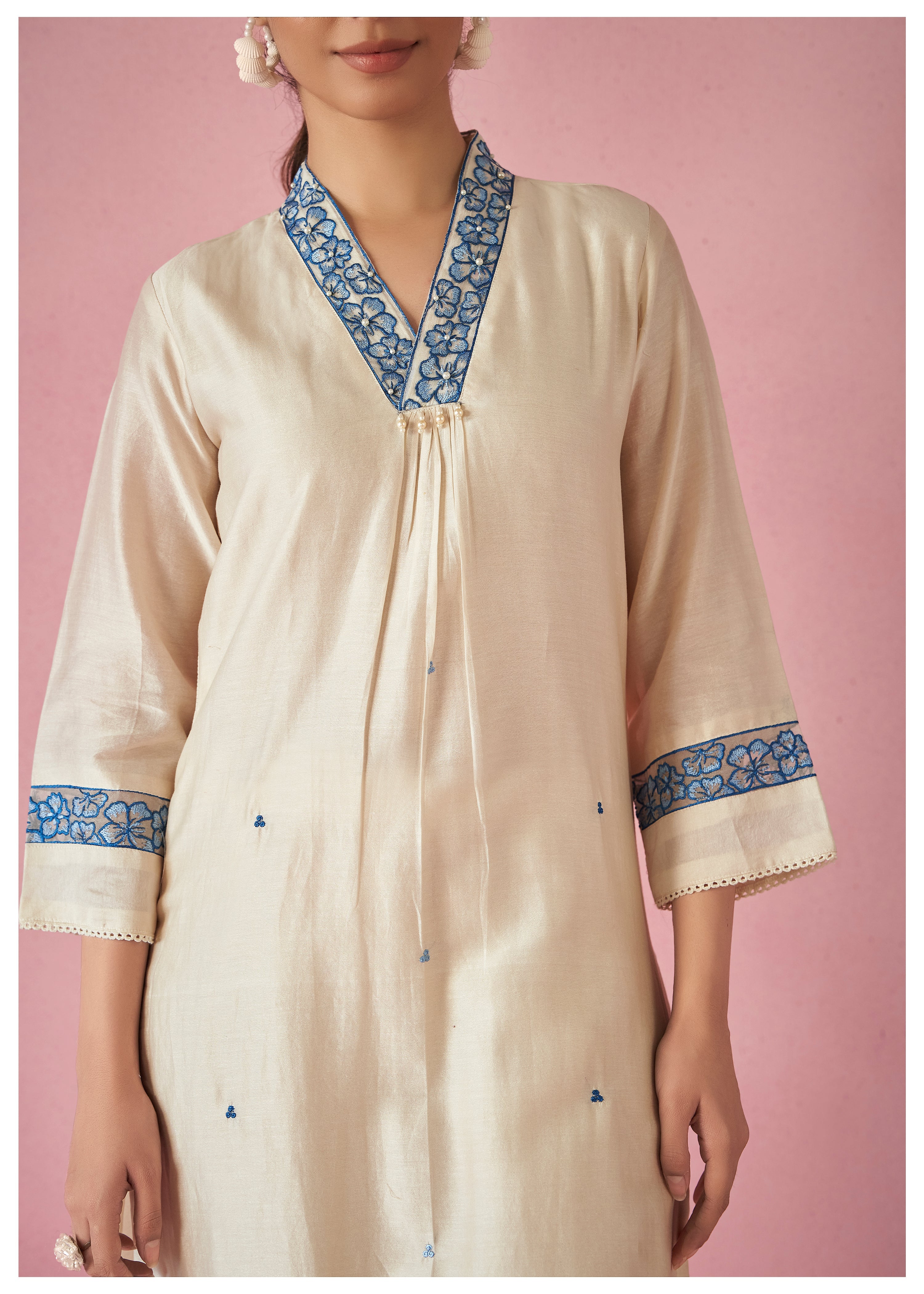 Women's Beige Fusion Regular Fit Embroidered Three Quarter Sleeves Kurtas Sets