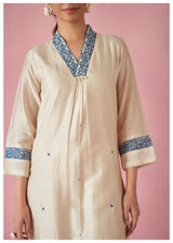 Women's Beige Fusion Regular Fit Embroidered Three Quarter Sleeves Kurtas Sets