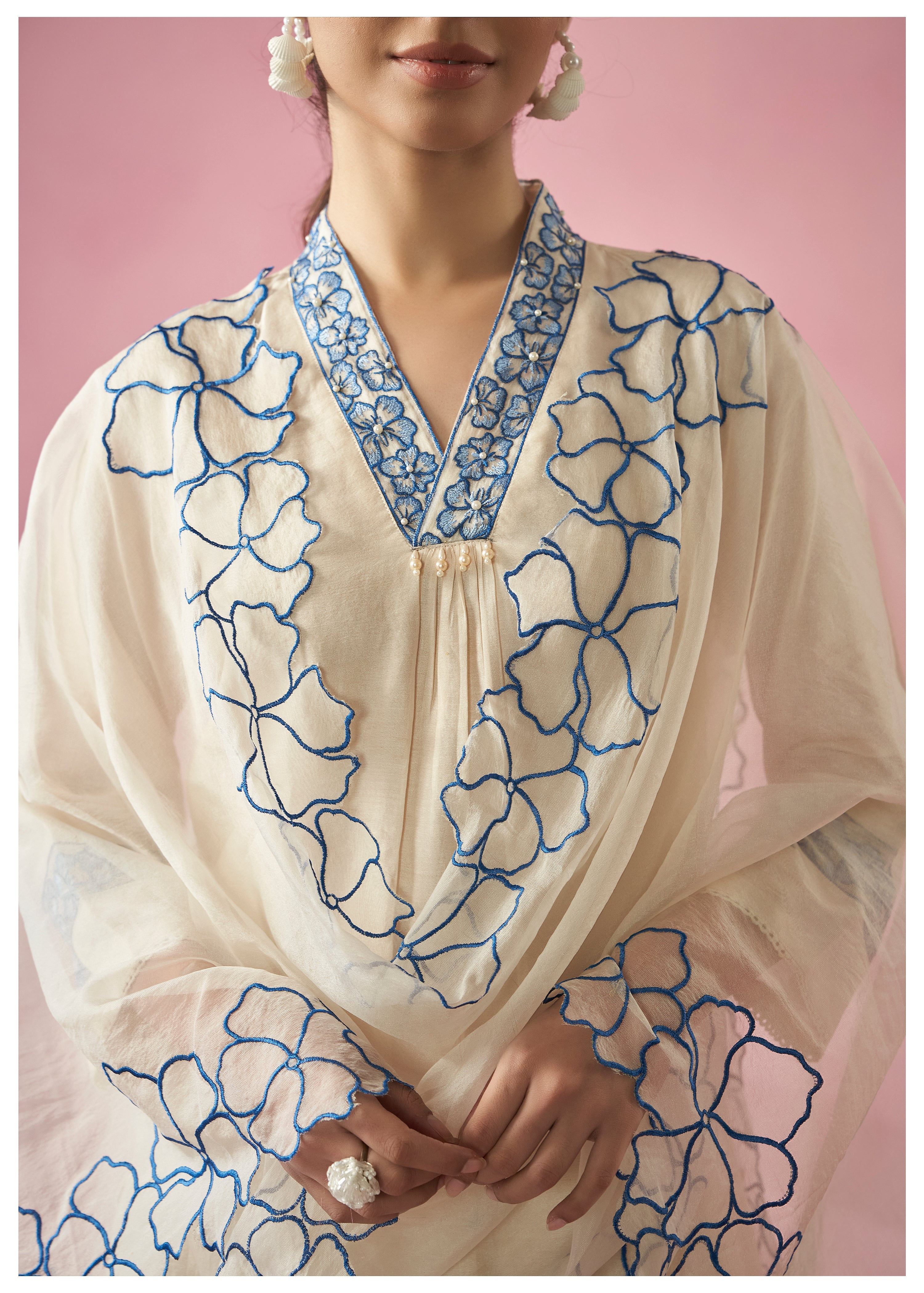 Women's Beige Fusion Regular Fit Embroidered Three Quarter Sleeves Kurtas Sets