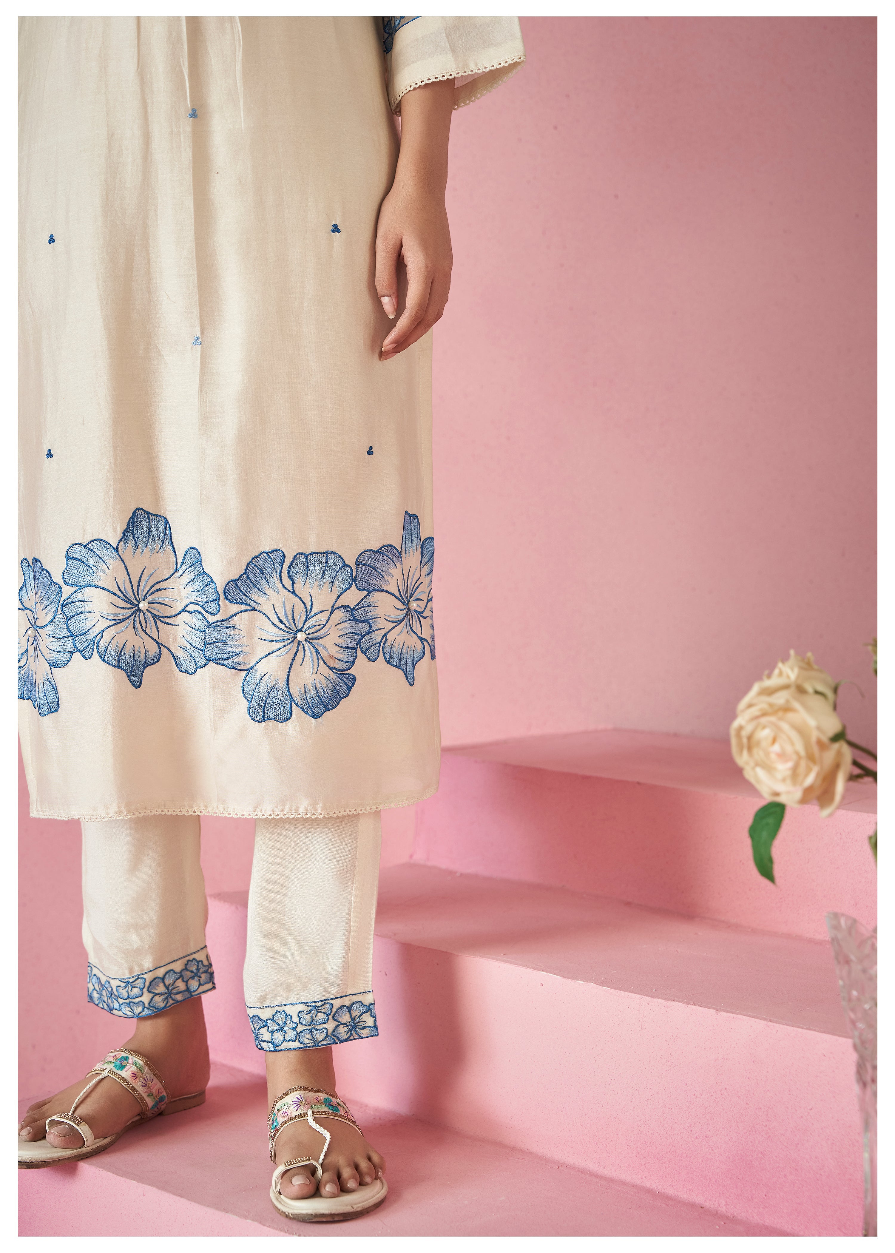 Women's Beige Fusion Regular Fit Embroidered Three Quarter Sleeves Kurtas Sets