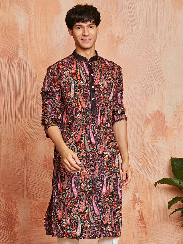 Men's Brown Crepe Paisley Printed Kurta