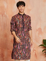 Men's Brown Crepe Paisley Printed Kurta