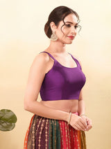 Women's Purple Brocade Padded Back Open Sleeveless Saree Blouse