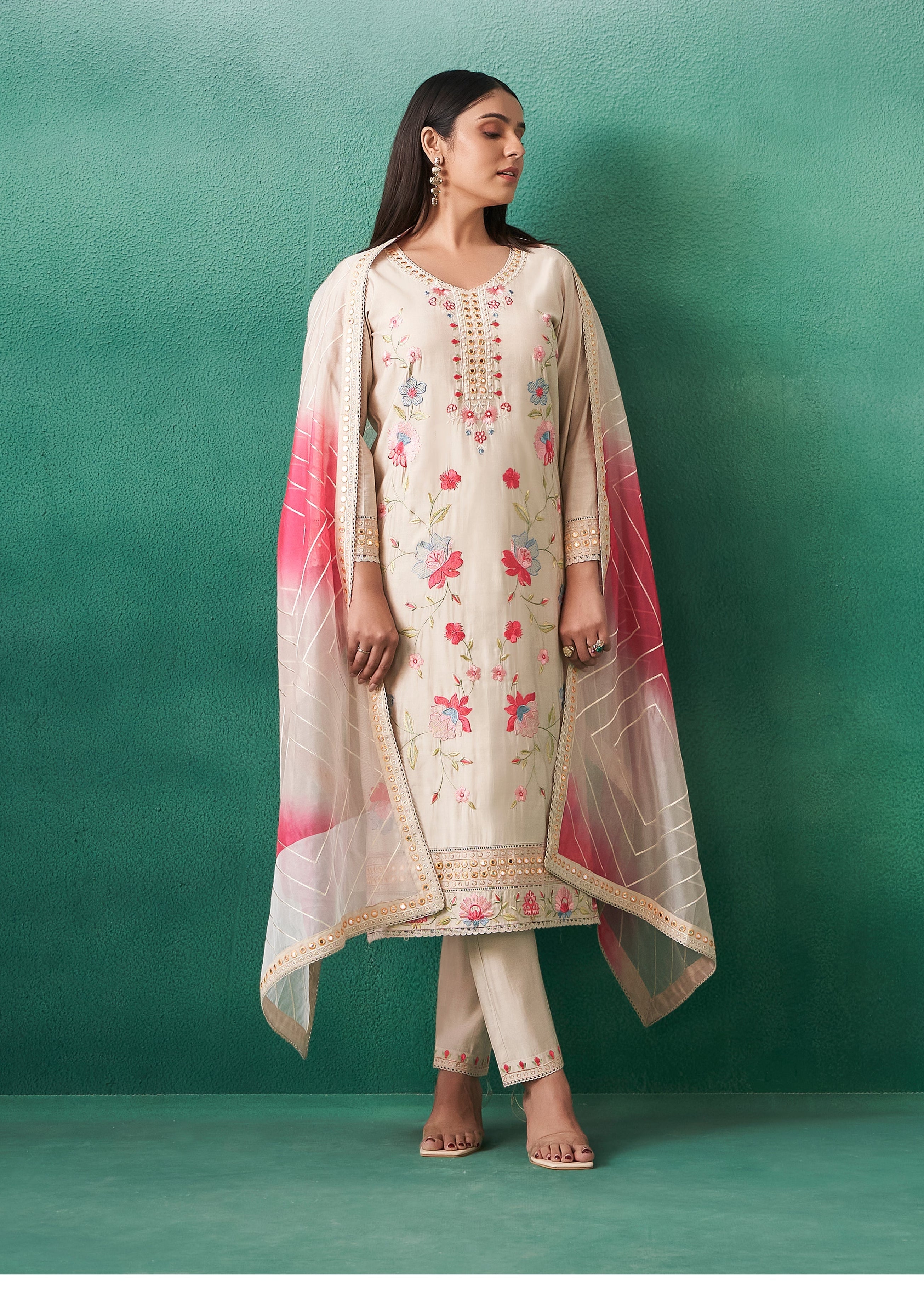 Women's Beige Fusion Regular Fit Embroidered Three Quarter Sleeves Kurtas Sets