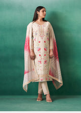Women's Beige Fusion Regular Fit Embroidered Three Quarter Sleeves Kurtas Sets