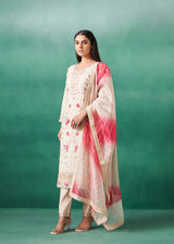 Women's Beige Fusion Regular Fit Embroidered Three Quarter Sleeves Kurtas Sets