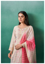 Women's Beige Fusion Regular Fit Embroidered Three Quarter Sleeves Kurtas Sets