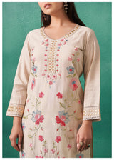 Women's Beige Fusion Regular Fit Embroidered Three Quarter Sleeves Kurtas Sets
