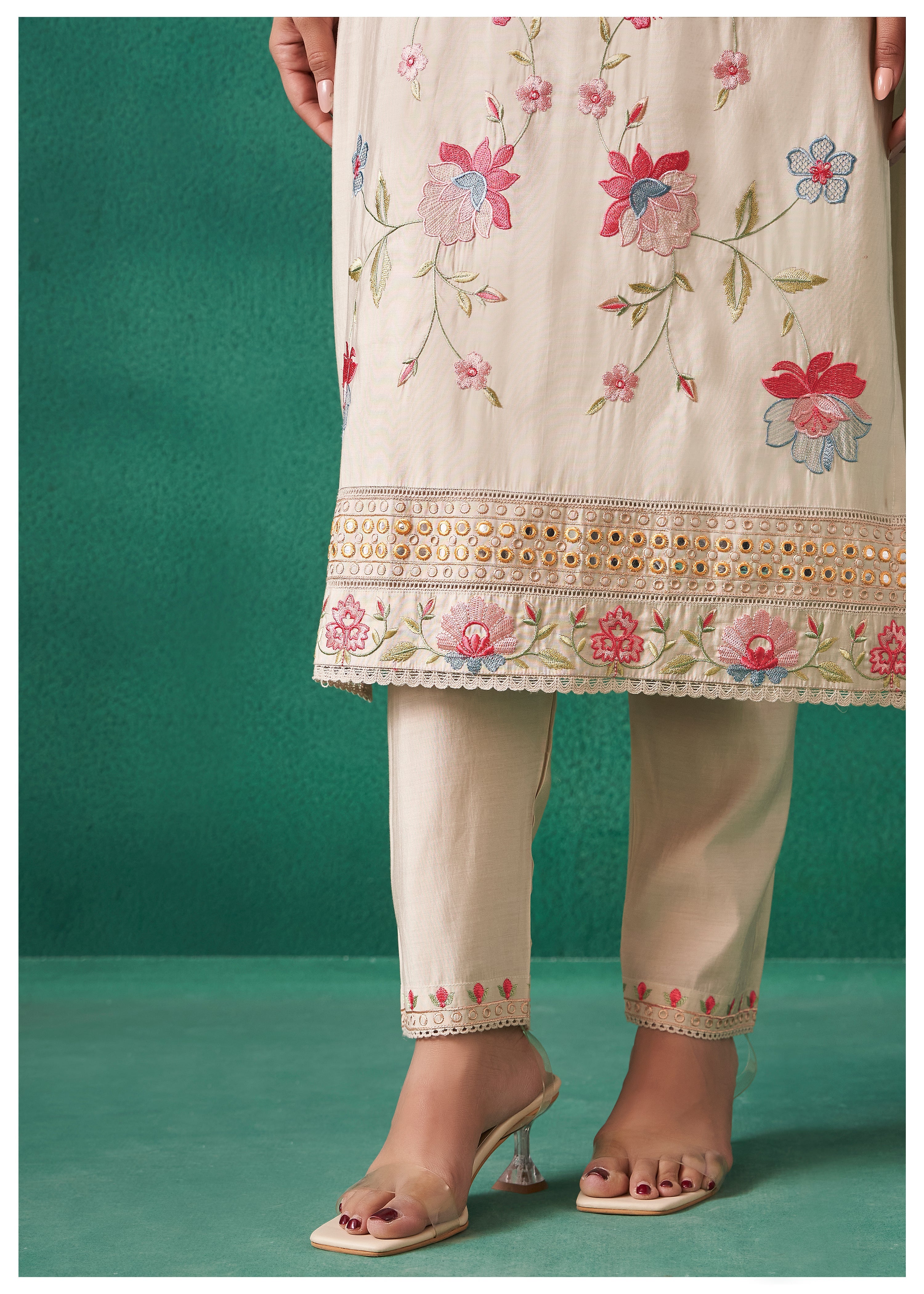 Women's Beige Fusion Regular Fit Embroidered Three Quarter Sleeves Kurtas Sets