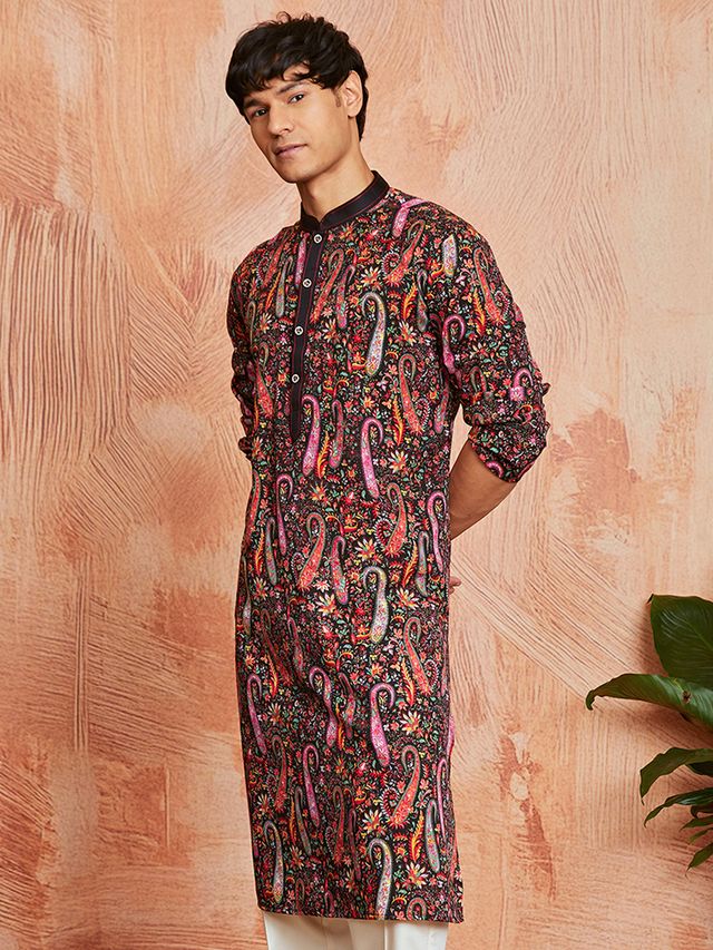 Men's Brown Crepe Paisley Printed Kurta