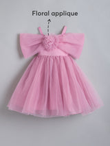 Girls Pink Shoulder Cape Dress with Floral Applique