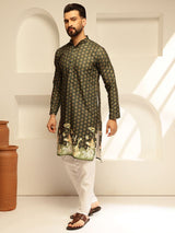 Men's Green Cotton Daman Print Long Kurta with Krochet Embroidery