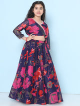 Girls Purple and Red Ethnic Printed Three Quarter Sleeves Choli and Lehenga