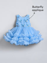 Girls Blue Floral Applique Ruffle Dress